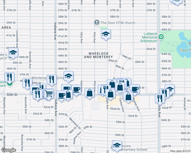 map of restaurants, bars, coffee shops, grocery stores, and more near 3101 46th Street in Lubbock