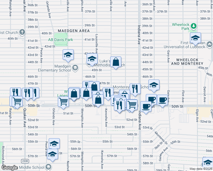 map of restaurants, bars, coffee shops, grocery stores, and more near 3612 47th Street in Lubbock
