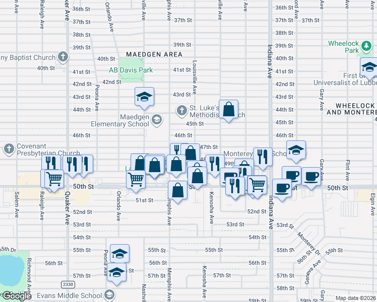 map of restaurants, bars, coffee shops, grocery stores, and more near 3705 46th Street in Lubbock