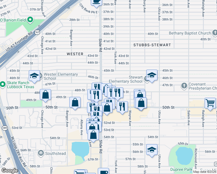 map of restaurants, bars, coffee shops, grocery stores, and more near 5115 46th Street in Lubbock