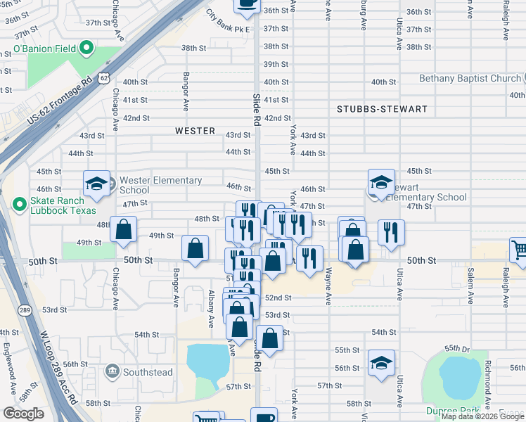 map of restaurants, bars, coffee shops, grocery stores, and more near 5115 46th Street in Lubbock