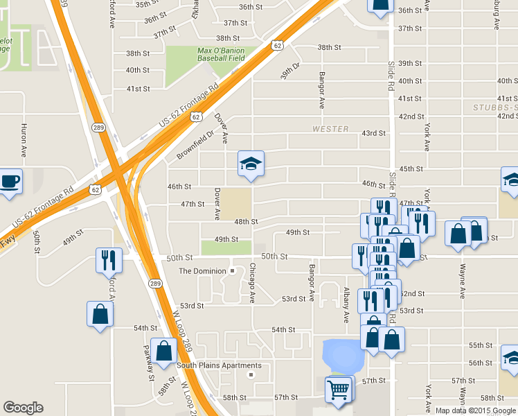 map of restaurants, bars, coffee shops, grocery stores, and more near 5439 46th Street in Lubbock