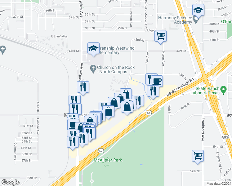 map of restaurants, bars, coffee shops, grocery stores, and more near 5410 Ironton Avenue in Lubbock