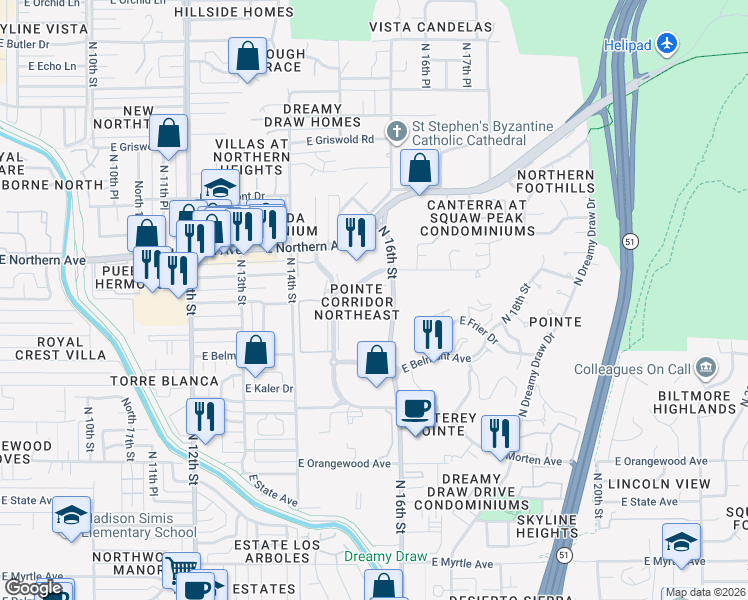 map of restaurants, bars, coffee shops, grocery stores, and more near 7874 North 16th Street in Phoenix