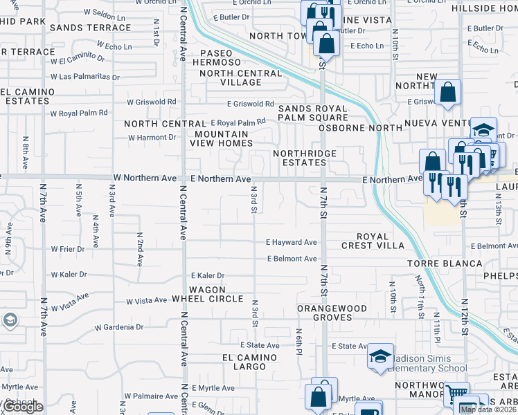 map of restaurants, bars, coffee shops, grocery stores, and more near 220 East Winter Drive in Phoenix