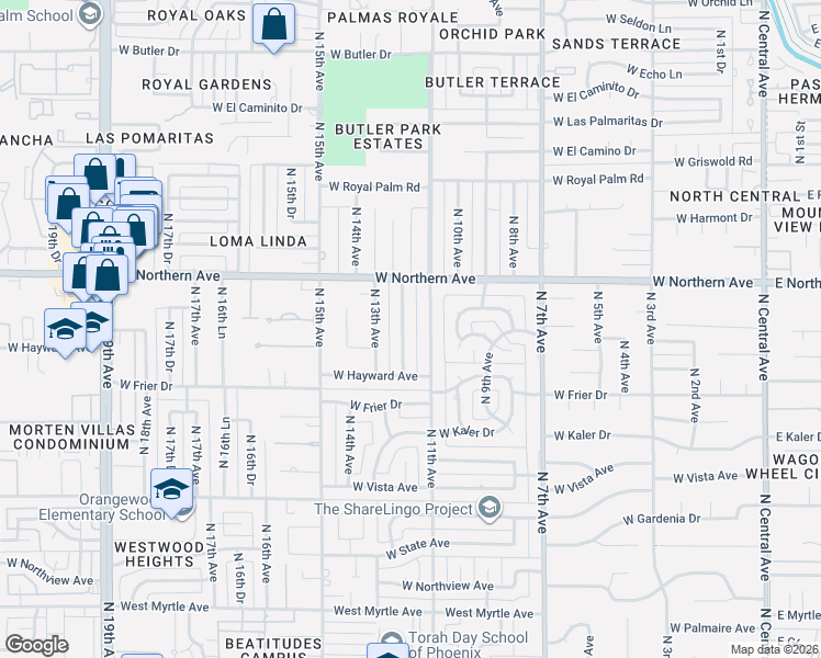 map of restaurants, bars, coffee shops, grocery stores, and more near 7823 North 12th Avenue in Phoenix