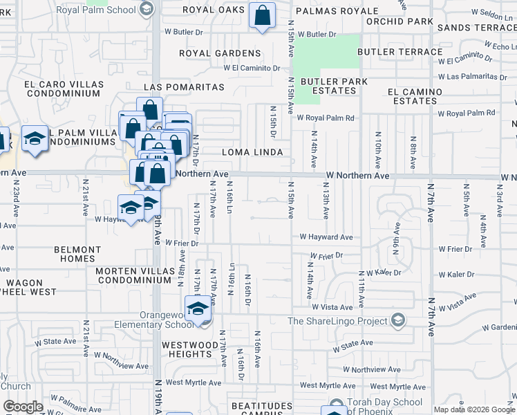 map of restaurants, bars, coffee shops, grocery stores, and more near 7817 North 16th Drive in Phoenix