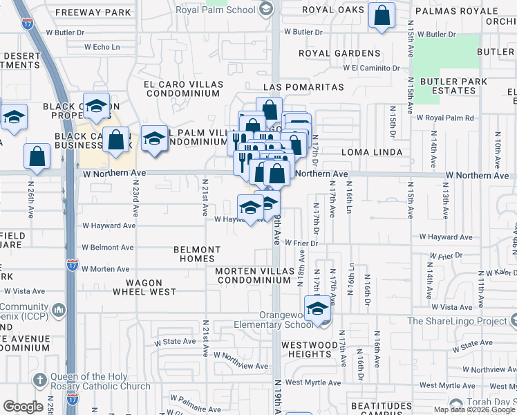map of restaurants, bars, coffee shops, grocery stores, and more near 7782 North 19th Drive in Phoenix