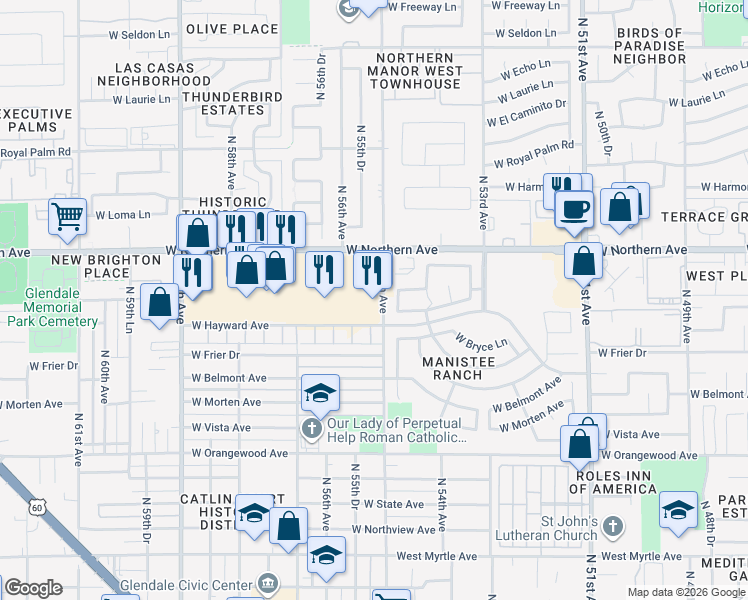 map of restaurants, bars, coffee shops, grocery stores, and more near in Glendale