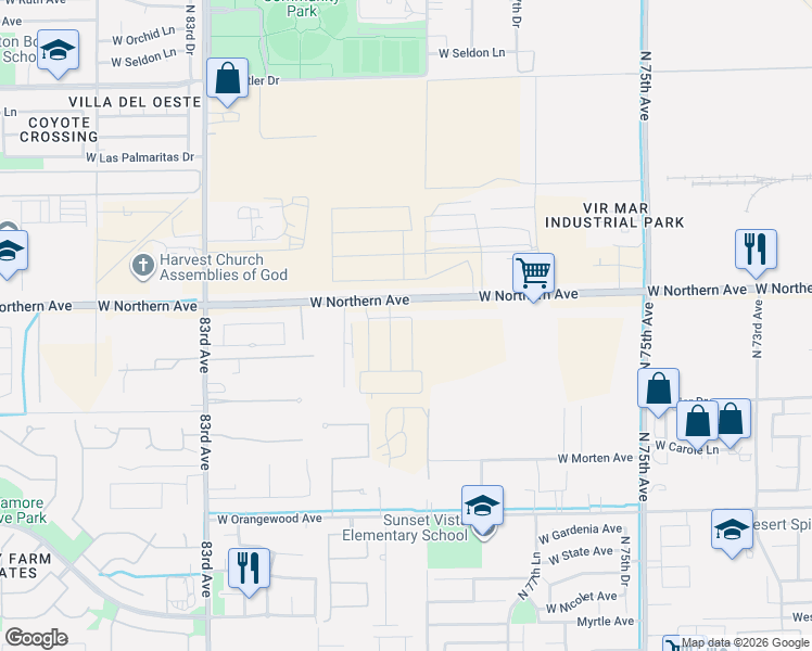 map of restaurants, bars, coffee shops, grocery stores, and more near 7907 West Northern Avenue in Glendale