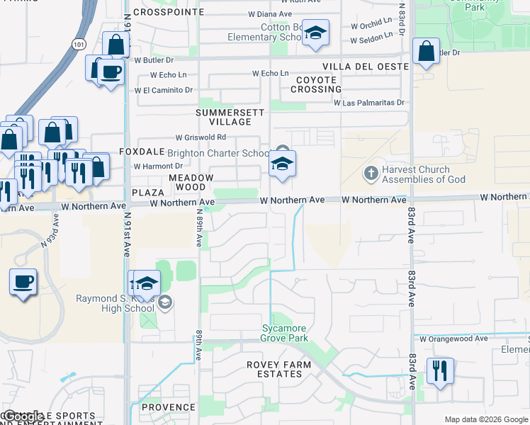 map of restaurants, bars, coffee shops, grocery stores, and more near 8021 North 87th Drive in Peoria