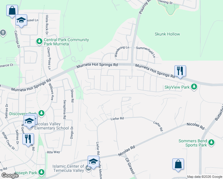 map of restaurants, bars, coffee shops, grocery stores, and more near 39155 Triple Springs Lane in Temecula