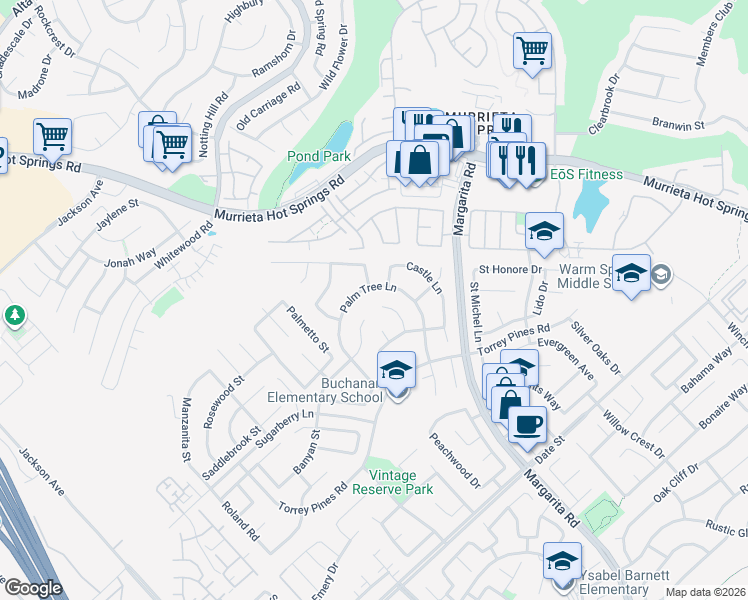 map of restaurants, bars, coffee shops, grocery stores, and more near 39725 Savanna Way in Murrieta