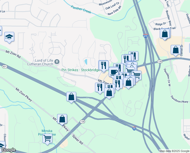map of restaurants, bars, coffee shops, grocery stores, and more near 3460 Mount Zion Road in Stockbridge