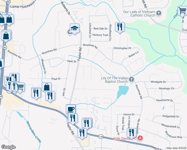 map of restaurants, bars, coffee shops, grocery stores, and more near 7454 Rountree Drive in Riverdale