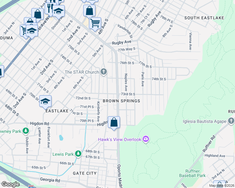 map of restaurants, bars, coffee shops, grocery stores, and more near 7316 Oporto Madrid Boulevard in Birmingham
