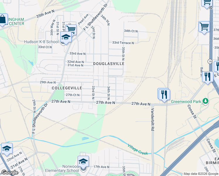 map of restaurants, bars, coffee shops, grocery stores, and more near 3420 29th Avenue North in Birmingham