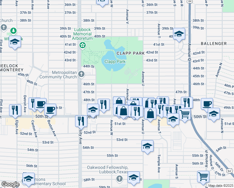 map of restaurants, bars, coffee shops, grocery stores, and more near 2213 47th Street in Lubbock