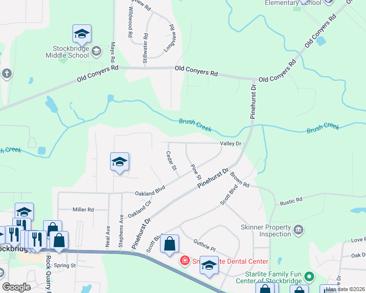 map of restaurants, bars, coffee shops, grocery stores, and more near 180 Valley Drive in Stockbridge