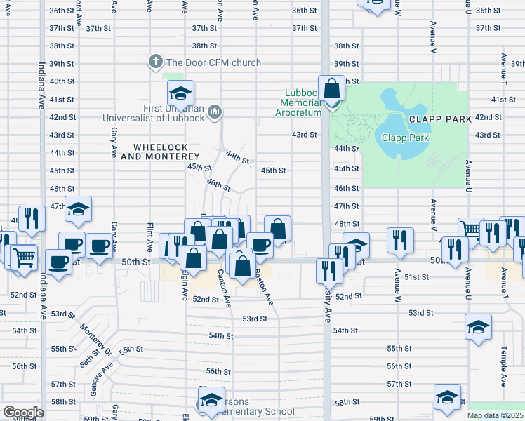 map of restaurants, bars, coffee shops, grocery stores, and more near 2616 47th Street in Lubbock