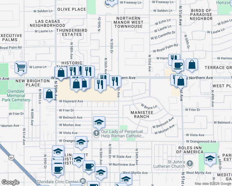 map of restaurants, bars, coffee shops, grocery stores, and more near in Glendale