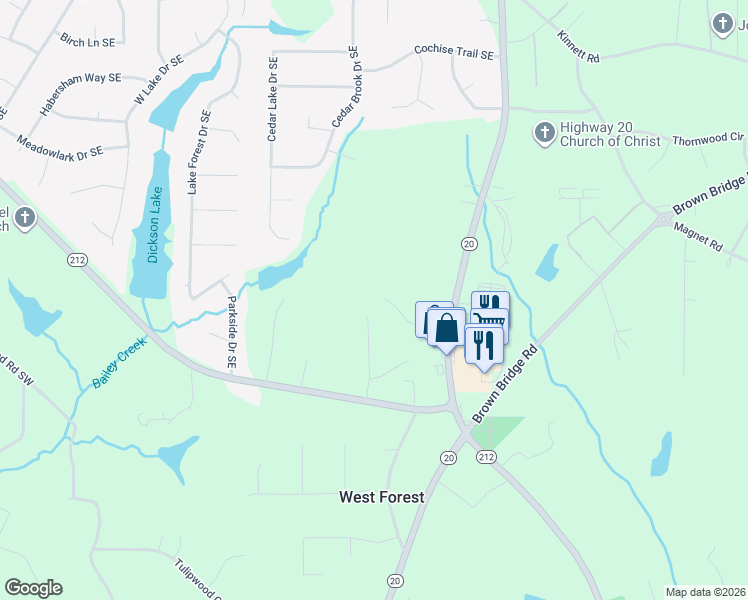 map of restaurants, bars, coffee shops, grocery stores, and more near 105 Stone Creek Drive in Covington