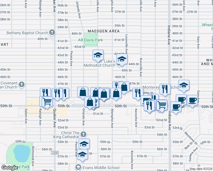 map of restaurants, bars, coffee shops, grocery stores, and more near 3807 47th Street in Lubbock