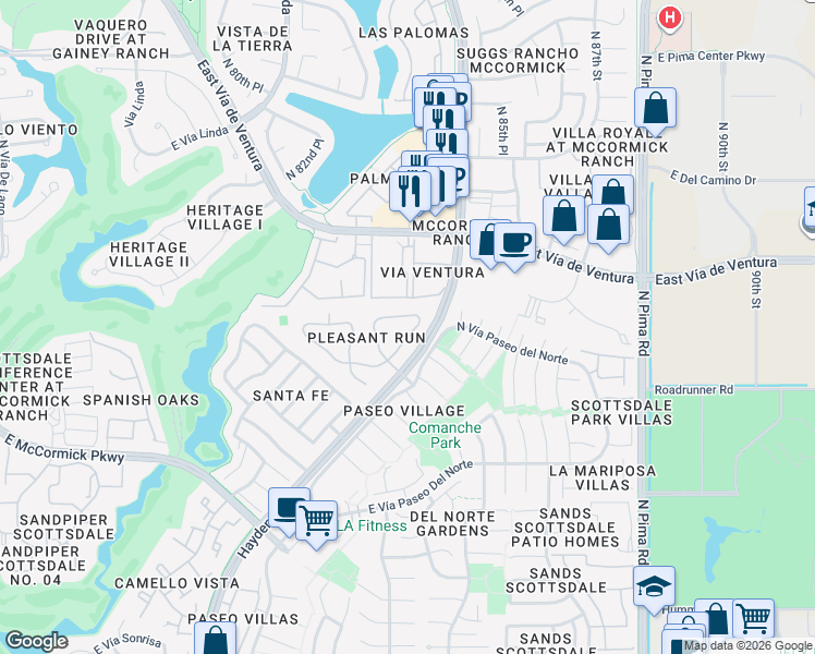 map of restaurants, bars, coffee shops, grocery stores, and more near 7634 East Pleasant Run in Scottsdale