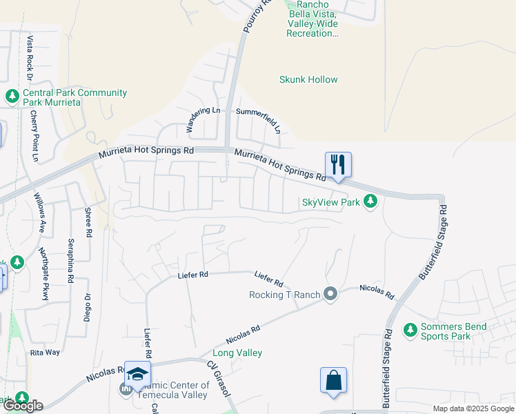 map of restaurants, bars, coffee shops, grocery stores, and more near 39151 Trail Creek Lane in Temecula
