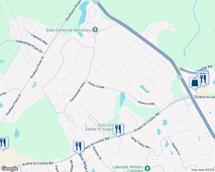 map of restaurants, bars, coffee shops, grocery stores, and more near 745 Jones Creek in Evans