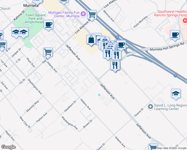 map of restaurants, bars, coffee shops, grocery stores, and more near 25150 Jefferson Avenue in Murrieta