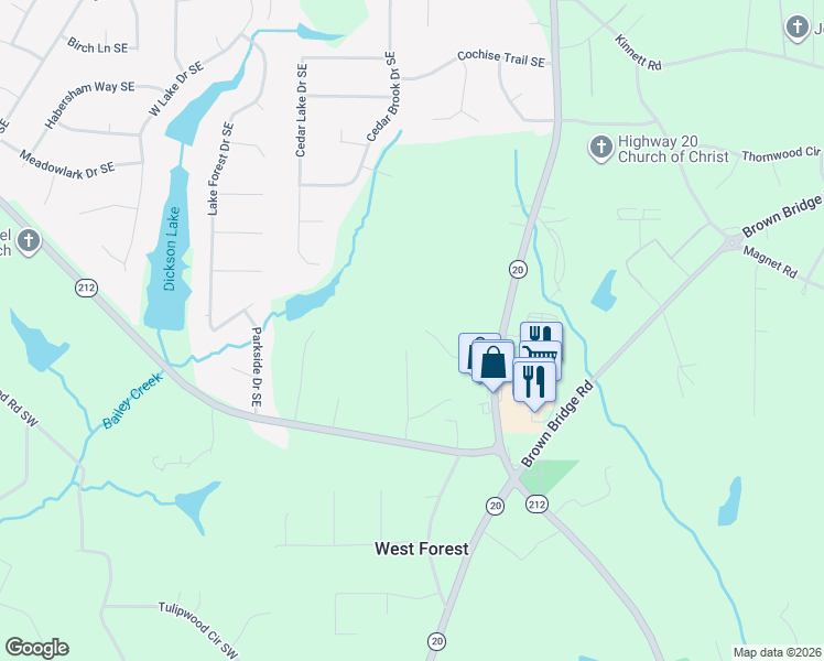 map of restaurants, bars, coffee shops, grocery stores, and more near 110 Stone Creek Drive in Covington