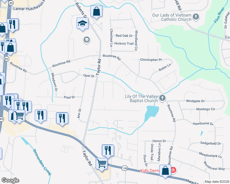 map of restaurants, bars, coffee shops, grocery stores, and more near 7454 Rountree Drive in Riverdale