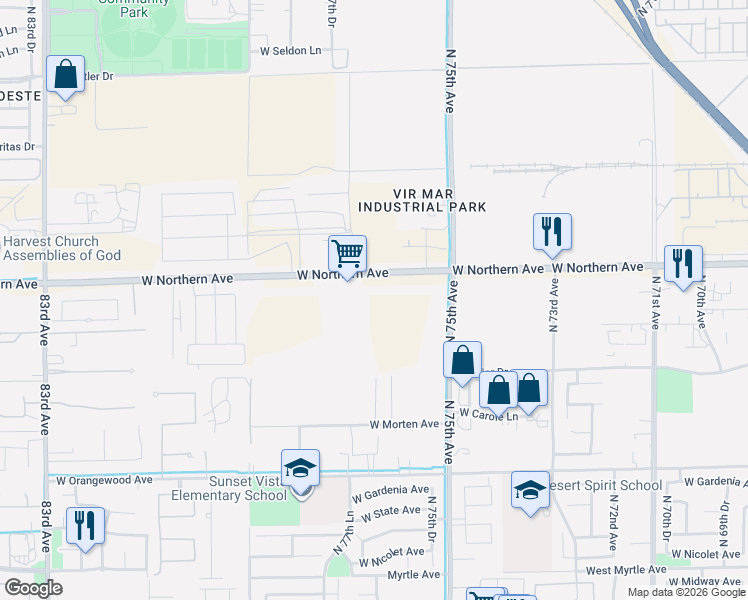 map of restaurants, bars, coffee shops, grocery stores, and more near 7711 West Northern Avenue in Glendale