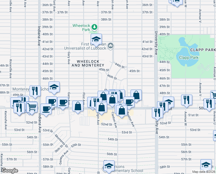 map of restaurants, bars, coffee shops, grocery stores, and more near 4604 Canton Avenue in Lubbock