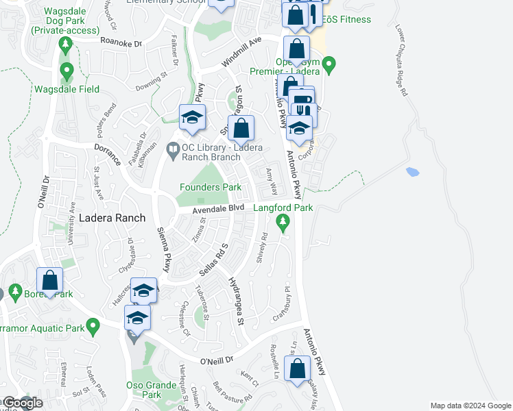 map of restaurants, bars, coffee shops, grocery stores, and more near 103 Sklar Street in Ladera Ranch