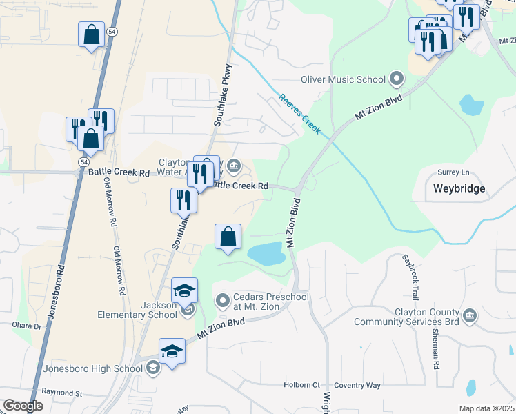 map of restaurants, bars, coffee shops, grocery stores, and more near 7390 Battlecreek Lane in Jonesboro