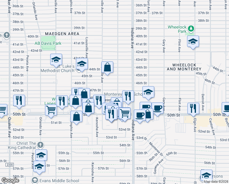 map of restaurants, bars, coffee shops, grocery stores, and more near 3503 47th Street in Lubbock