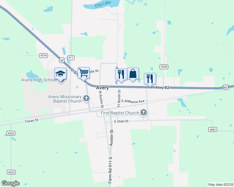 map of restaurants, bars, coffee shops, grocery stores, and more near 245 U.S. 82 in Avery