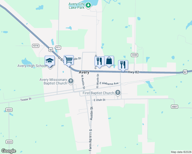 map of restaurants, bars, coffee shops, grocery stores, and more near 245 U.S. 82 in Avery