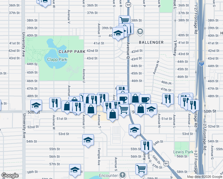 map of restaurants, bars, coffee shops, grocery stores, and more near 4610 Avenue S in Lubbock