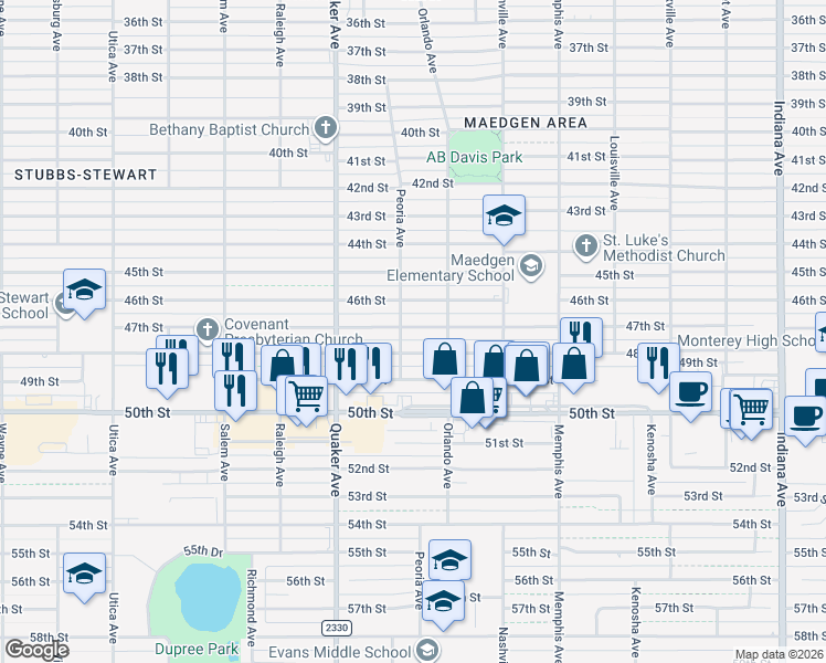 map of restaurants, bars, coffee shops, grocery stores, and more near 4213 46th Street in Lubbock