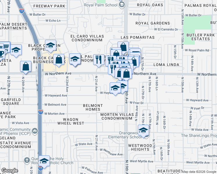 map of restaurants, bars, coffee shops, grocery stores, and more near 7734 North 19th Lane in Phoenix