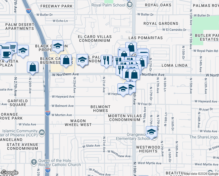 map of restaurants, bars, coffee shops, grocery stores, and more near 7734 North 19th Lane in Phoenix