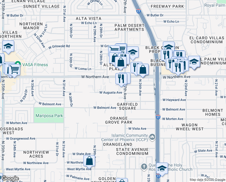 map of restaurants, bars, coffee shops, grocery stores, and more near 2802 West Augusta Avenue in Phoenix