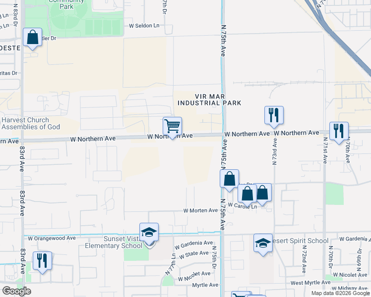 map of restaurants, bars, coffee shops, grocery stores, and more near 7711 West Northern Avenue in Glendale