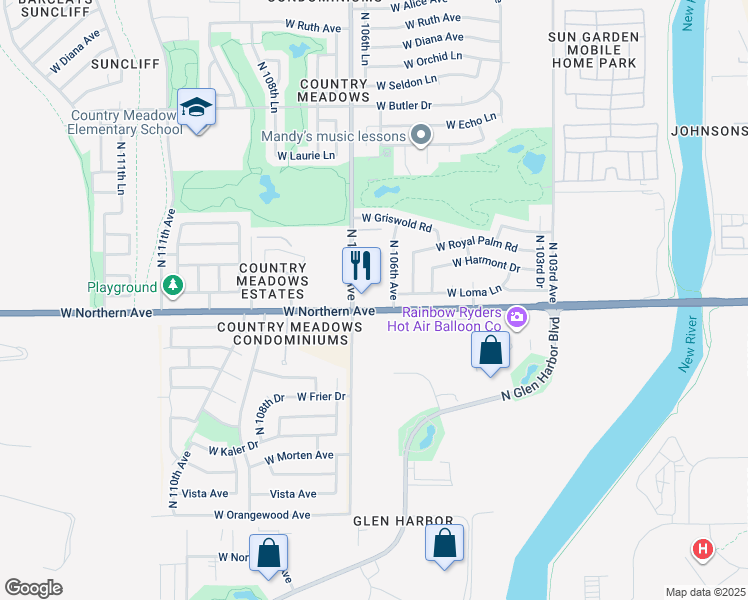 map of restaurants, bars, coffee shops, grocery stores, and more near 8028 North 106th Avenue in Peoria