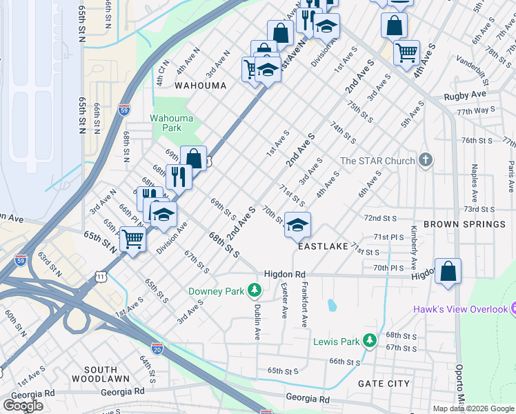 map of restaurants, bars, coffee shops, grocery stores, and more near 7004 2nd Avenue South in Birmingham