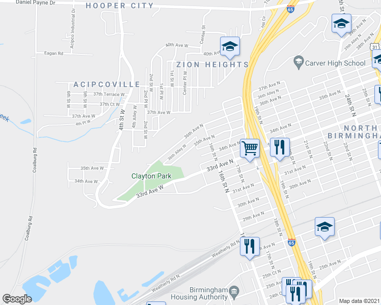 map of restaurants, bars, coffee shops, grocery stores, and more near 1425 36th Avenue North in Birmingham