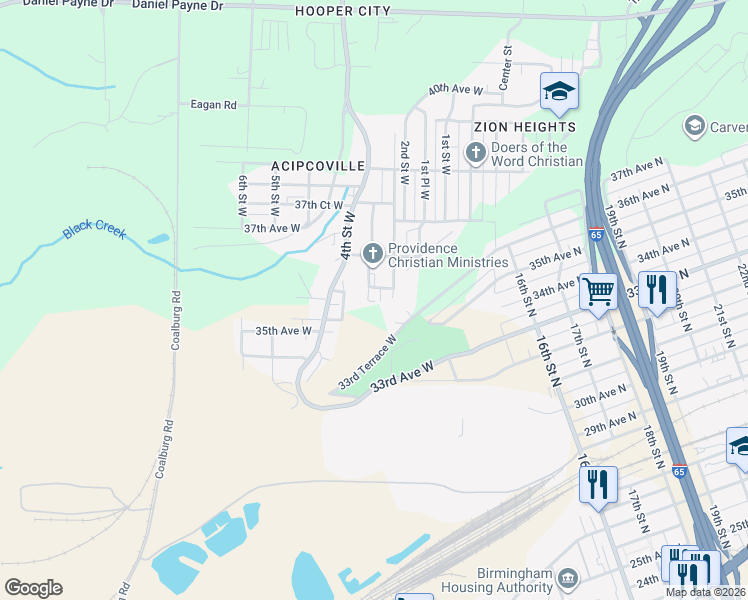 map of restaurants, bars, coffee shops, grocery stores, and more near 3604 2nd Street West in Birmingham